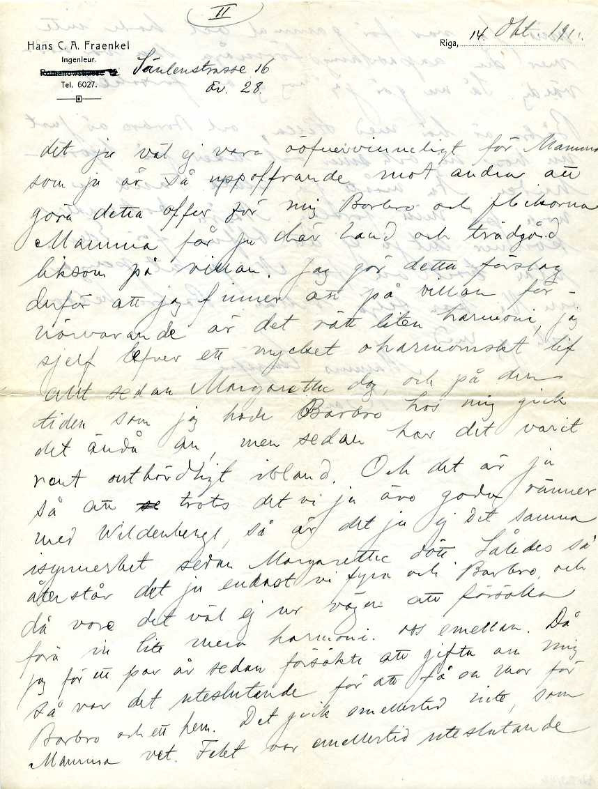 Brevpapper märkt: "Hans C. A. Fraenkel Ingenieur. Romanowstrasse 15. Tel. 6027." Gatuadresse är överstruken och ersatt med "Säulenstrasse 16".