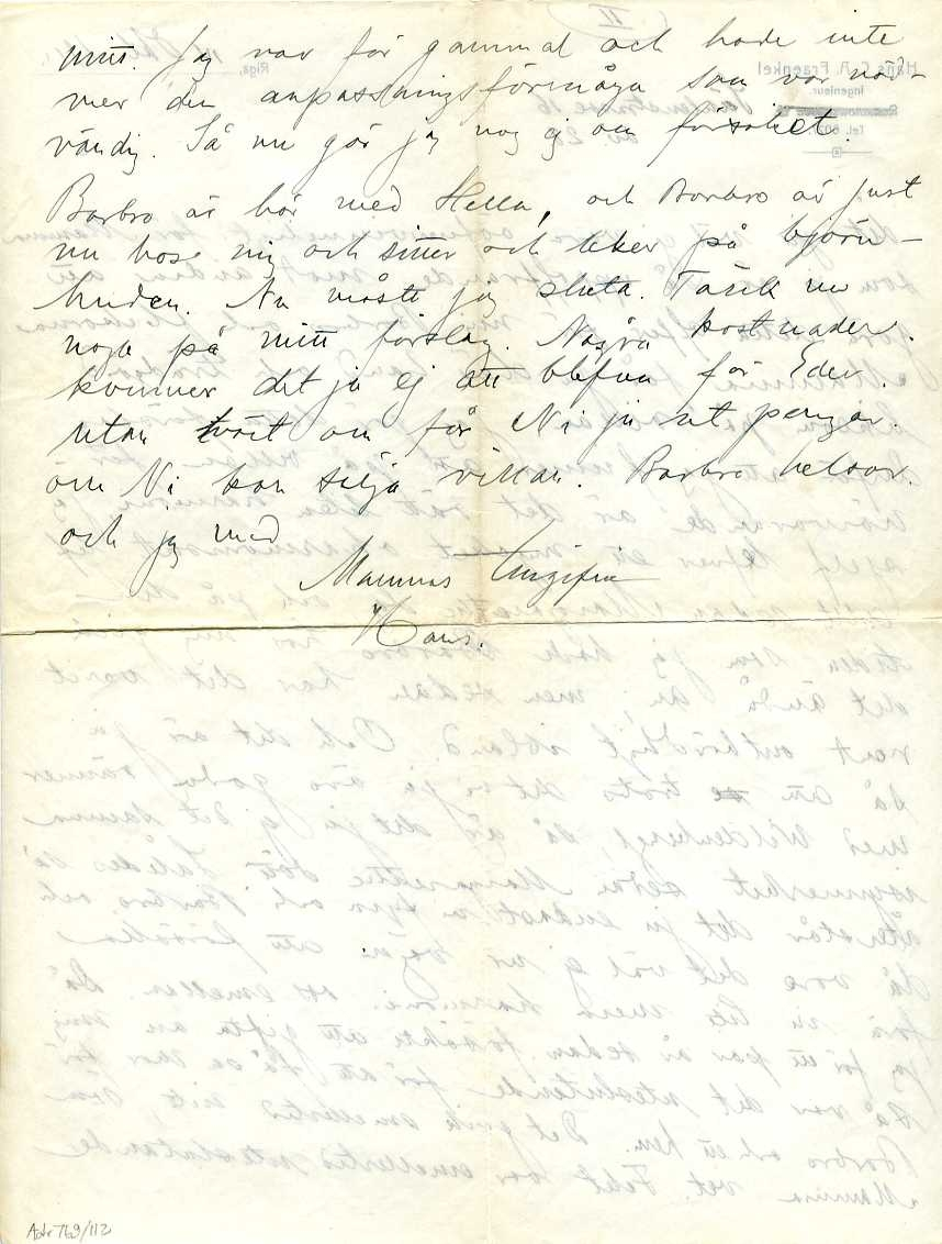 Brevpapper märkt: "Hans C. A. Fraenkel Ingenieur. Romanowstrasse 15. Tel. 6027." Gatuadresse är överstruken och ersatt med "Säulenstrasse 16".