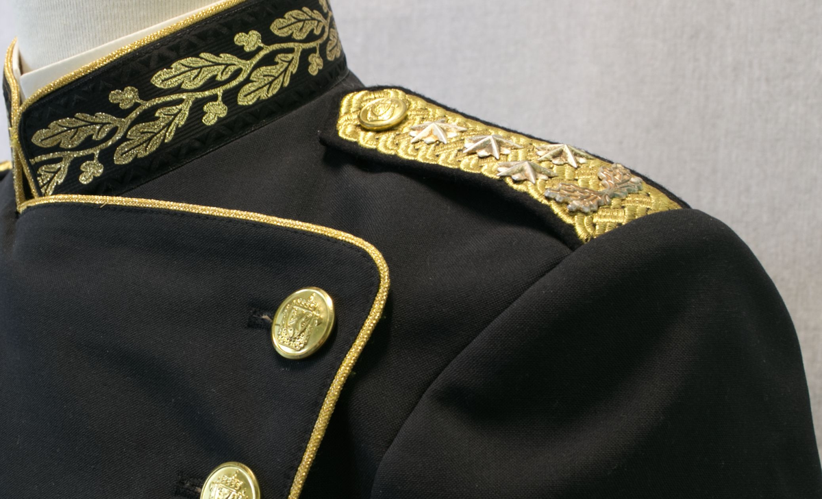 Foret, sort jakke med gullbrodert eikeløv med nøtter på krave og på ermer. 14 gullforgylte knapper i front, to på hvert erme og seks ved splitten bak. Gullkant langs hele fronten, på kraven på ermene og ved splitten. Epåletter i flettet gull med fire stjerner og eikeløv (politidirektør). Hvit løssnipp festet med borrelås.

Langt, sort skjørt med gullrender i sidene og glidlås bak.

Sort politilue med luemerke i gull og rødt og eikeløvsbroderier i sort og gull. To forgylte knapper holder luesnoren på plass.

Sort stoffbelte med gullkant innvevd mønster (eikeblad og sikksakkbord) Rektangulær beltespenne i gullforgylt metall med riksvåpen. Beltets lengde kan reguleres med borrelås på innsiden, og er nå 90 cm langt medregnet spennen.

Det hører til hvite hansker, men disse mangler.