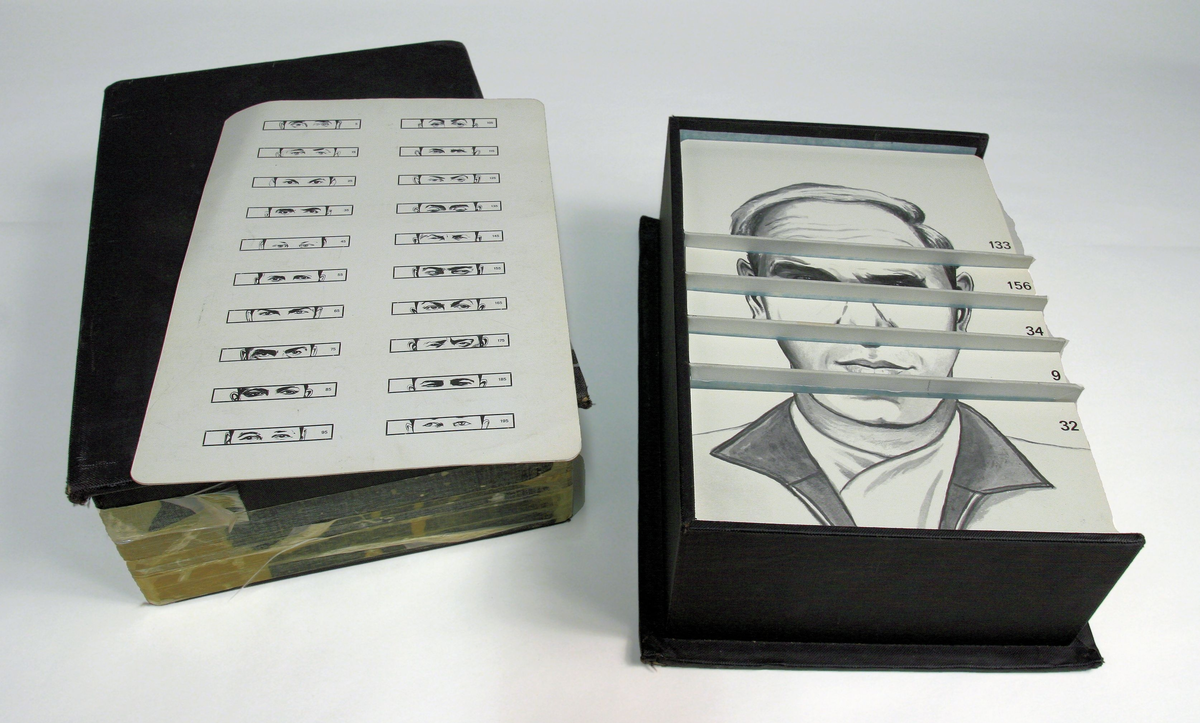 Pappboks med 200 tegnede portretter av menn. Hvert portrett er delt i fem deler, så portrettene kan settes sammen og varieres i det uendelige.