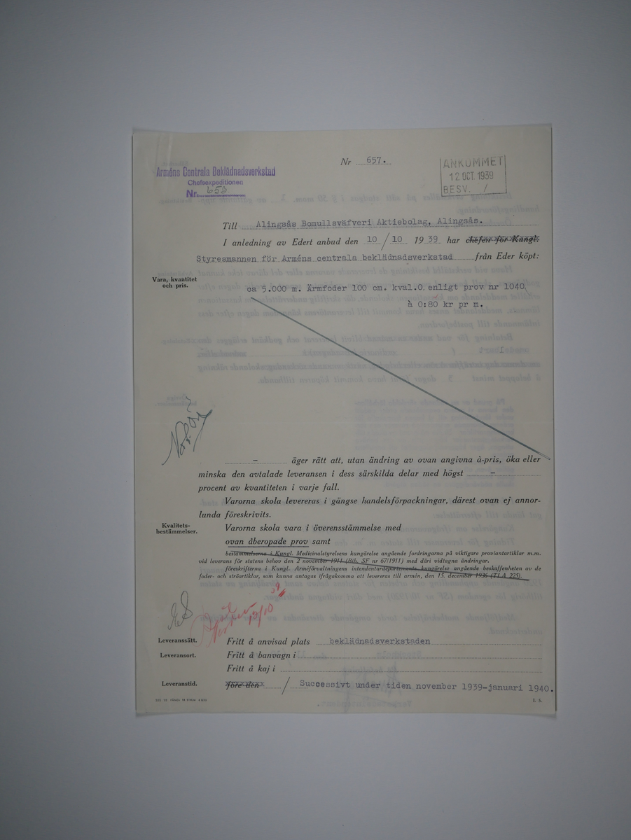 Alingsås Bomullsväveri AB

Handlingar som rör leveranskontrakt.
Kontrakt med bland annat Arméns centrala beklädnadsverkstad och Svenska landstingsförbundet.

Cirka 1930- och 1940tal.

Gåva 1983-05 av Almedahls AB