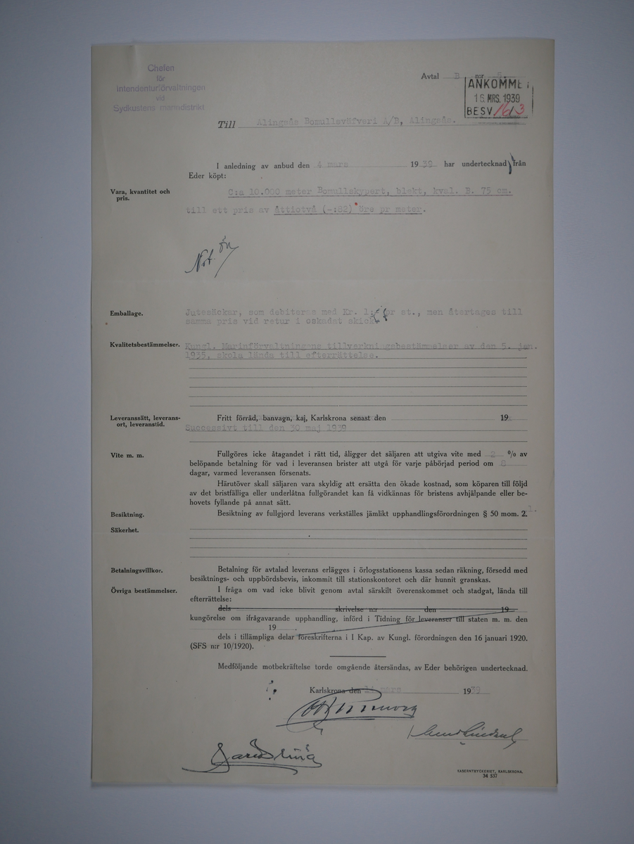 Alingsås Bomullsväveri AB

Handlingar som rör leveranskontrakt.
Kontrakt med bland annat Arméns centrala beklädnadsverkstad och Svenska landstingsförbundet.

Cirka 1930- och 1940tal.

Gåva 1983-05 av Almedahls AB