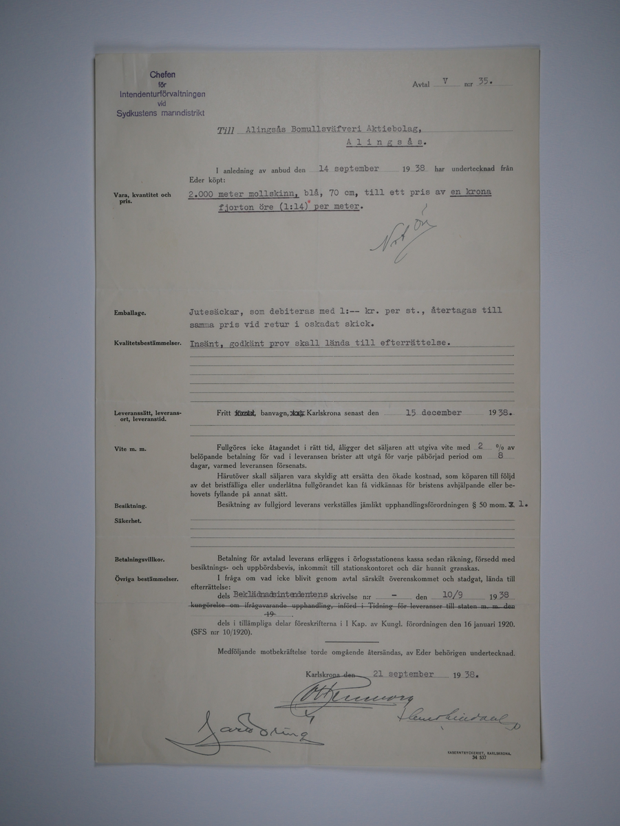 Alingsås Bomullsväveri AB

Handlingar som rör leveranskontrakt.
Kontrakt med bland annat Arméns centrala beklädnadsverkstad och Svenska landstingsförbundet.

Cirka 1930- och 1940tal.

Gåva 1983-05 av Almedahls AB