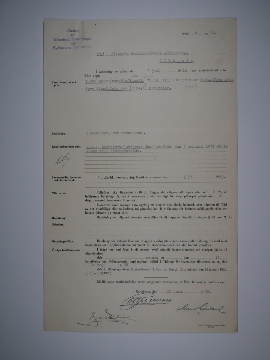 Alingsås Bomullsväveri AB

Handlingar som rör leveranskontrakt.
Kontrakt med bland annat Arméns centrala beklädnadsverkstad och Svenska landstingsförbundet.

Cirka 1930- och 1940tal.

Gåva 1983-05 av Almedahls AB