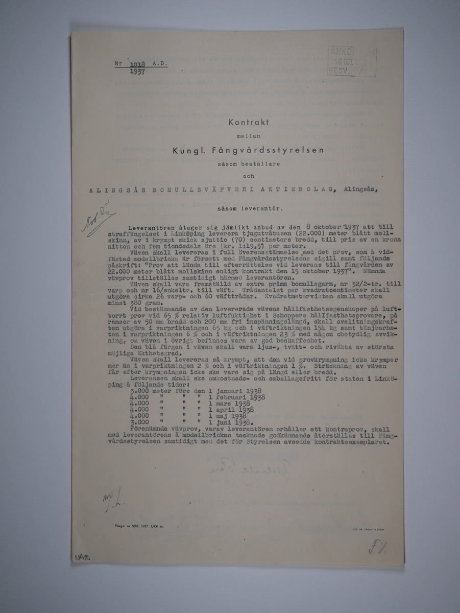 Alingsås Bomullsväveri AB

Handlingar som rör leveranskontrakt.
Kontrakt med bland annat Arméns centrala beklädnadsverkstad och Svenska landstingsförbundet.

Cirka 1930- och 1940tal.

Gåva 1983-05 av Almedahls AB