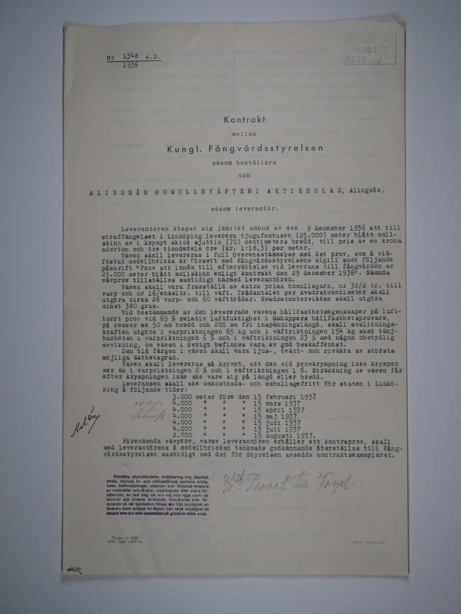 Alingsås Bomullsväveri AB

Handlingar som rör leveranskontrakt.
Kontrakt med bland annat Arméns centrala beklädnadsverkstad och Svenska landstingsförbundet.

Cirka 1930- och 1940tal.

Gåva 1983-05 av Almedahls AB