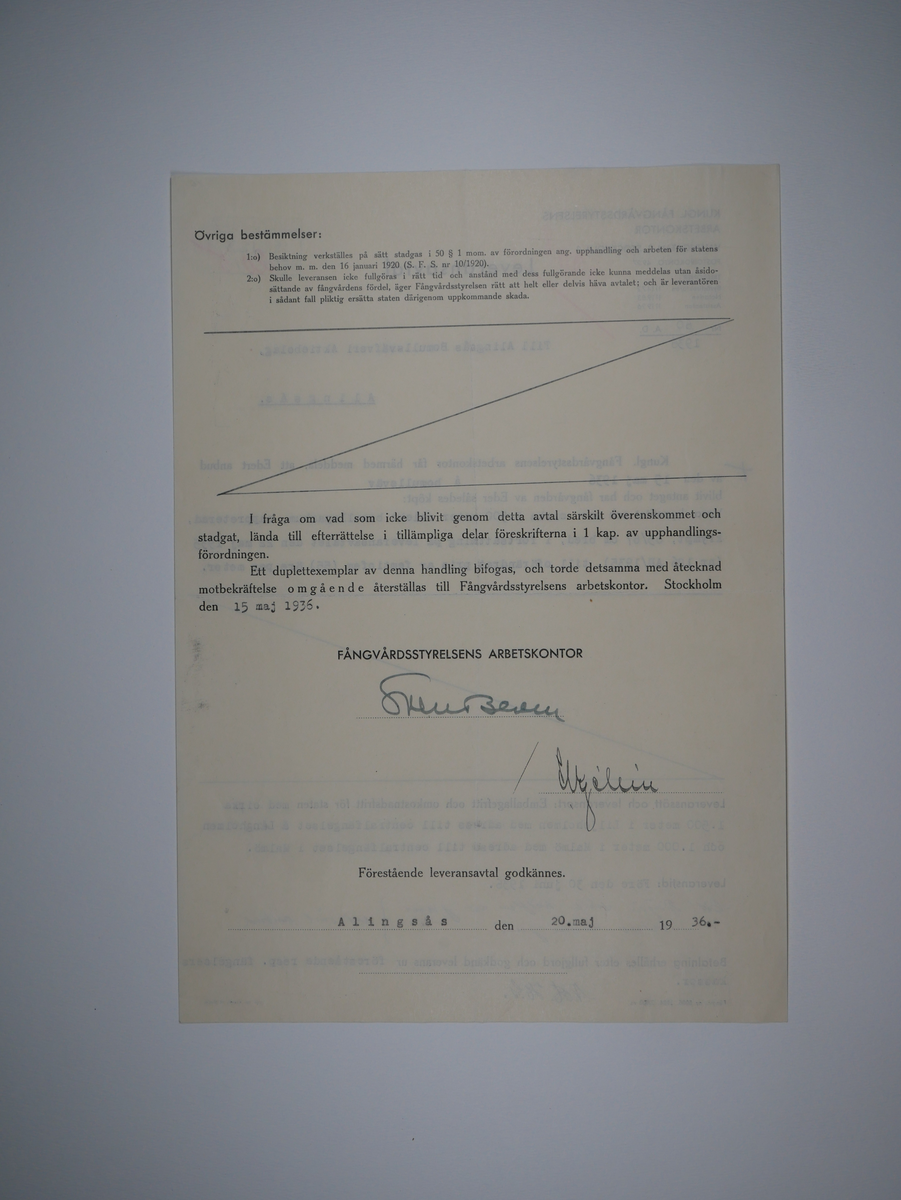 Alingsås Bomullsväveri AB

Handlingar som rör leveranskontrakt.
Kontrakt med bland annat Arméns centrala beklädnadsverkstad och Svenska landstingsförbundet.

Cirka 1930- och 1940tal.

Gåva 1983-05 av Almedahls AB