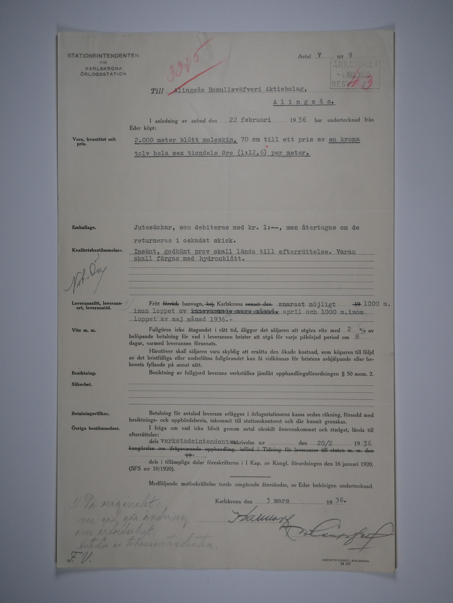 Alingsås Bomullsväveri AB

Handlingar som rör leveranskontrakt.
Kontrakt med bland annat Arméns centrala beklädnadsverkstad och Svenska landstingsförbundet.

Cirka 1930- och 1940tal.

Gåva 1983-05 av Almedahls AB