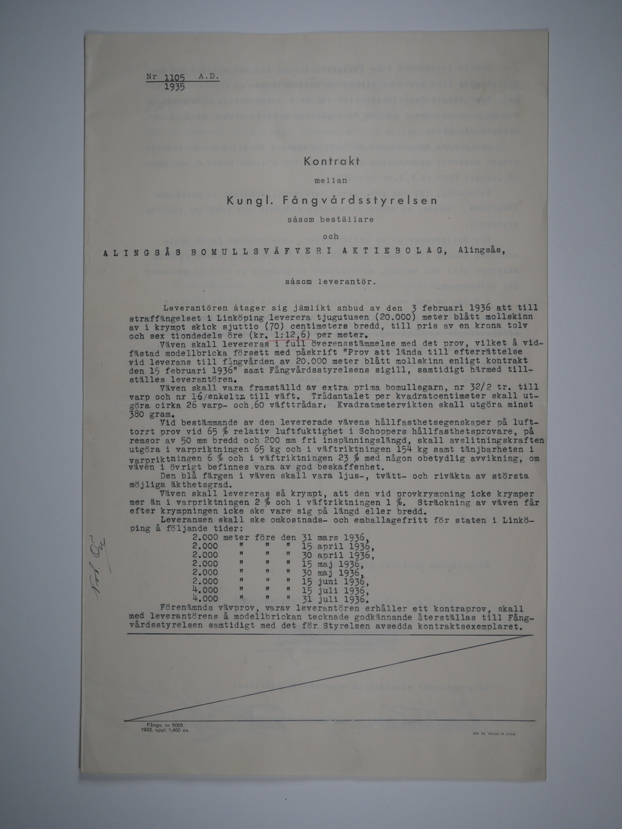 Alingsås Bomullsväveri AB

Handlingar som rör leveranskontrakt.
Kontrakt med bland annat Arméns centrala beklädnadsverkstad och Svenska landstingsförbundet.

Cirka 1930- och 1940tal.

Gåva 1983-05 av Almedahls AB