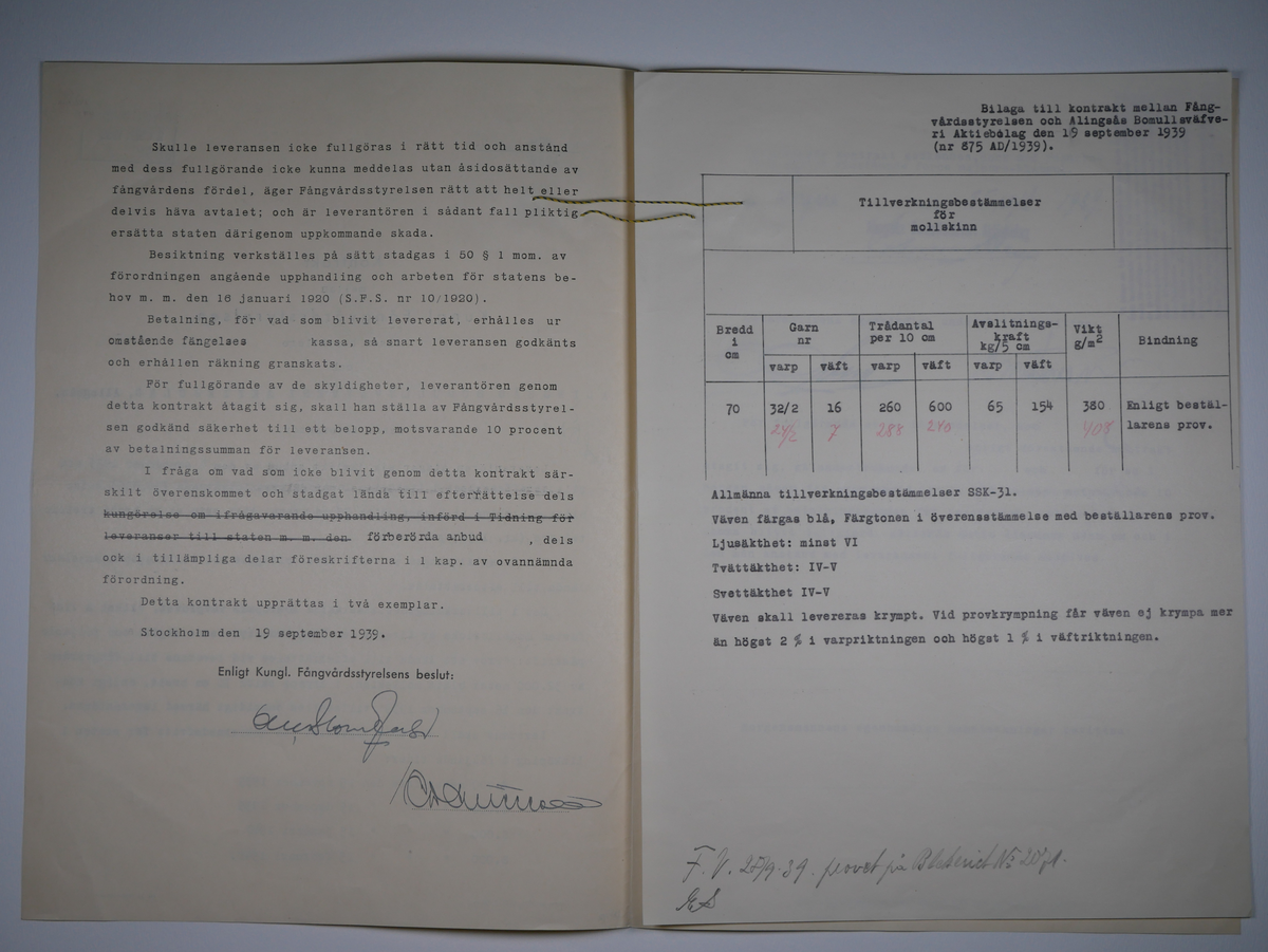 Alingsås Bomullsväveri AB

Handlingar som rör leveranskontrakt.
Kontrakt med bland annat Arméns centrala beklädnadsverkstad och Svenska landstingsförbundet.

Cirka 1930- och 1940tal.

Gåva 1983-05 av Almedahls AB