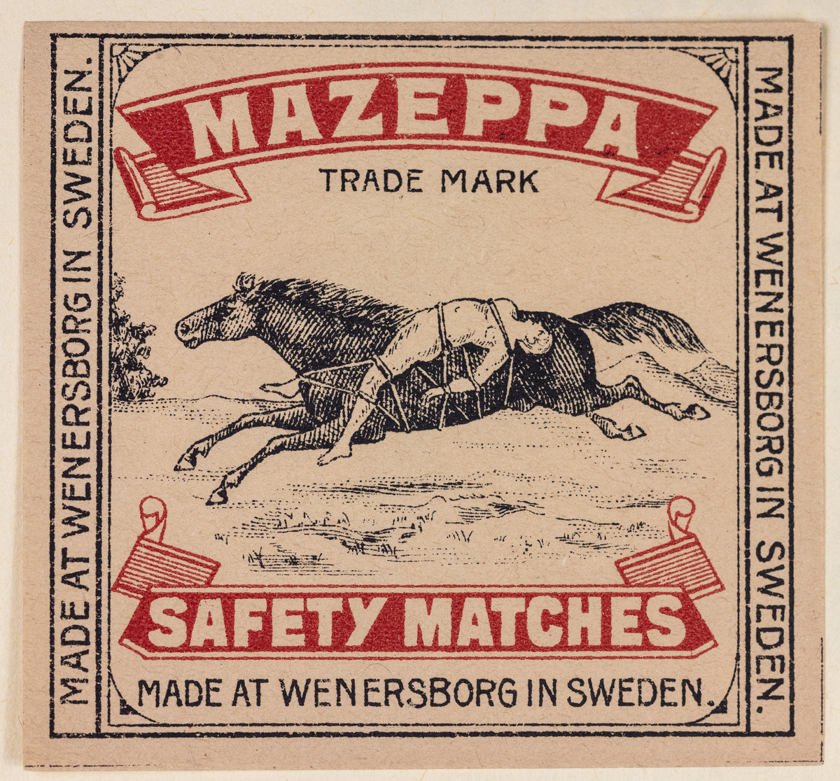 Etiketten tillhör en samling insatta i ett album med 478 st. tändsticksetiketter, Huvudsakligen från Vänersborgs Tändsticksfabrik, vilken hade tillverkning åren 1848-1932.

11 st av etiketterna härrör från Ellbo Tändsticksfabrik, Lilla Edet, med tillverkning åren 1867 -1895.

Säljaren av etiketterna har varit samlare och har ingen direkt anknytning till tändsticksfabrikerna. Länsmuseet inköpte etiketterna då de utgör ett intressant källmaterial till vetskap om en för länet och landet viktig industri. I köpet ingick även tre askar, där en var fylld med tändstickor och en annan saknade etikett.

