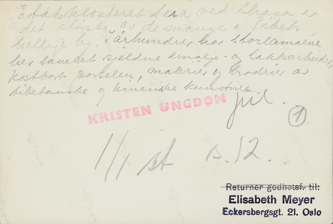 Oversiktsfotografi over Sera klosteret. Lhasa, Tibet. Muligens er dette et reprofotografi fra postkort. Fotografi samlet inn i forbindelse med Elisabeth Meyers reise til India 1932-33.