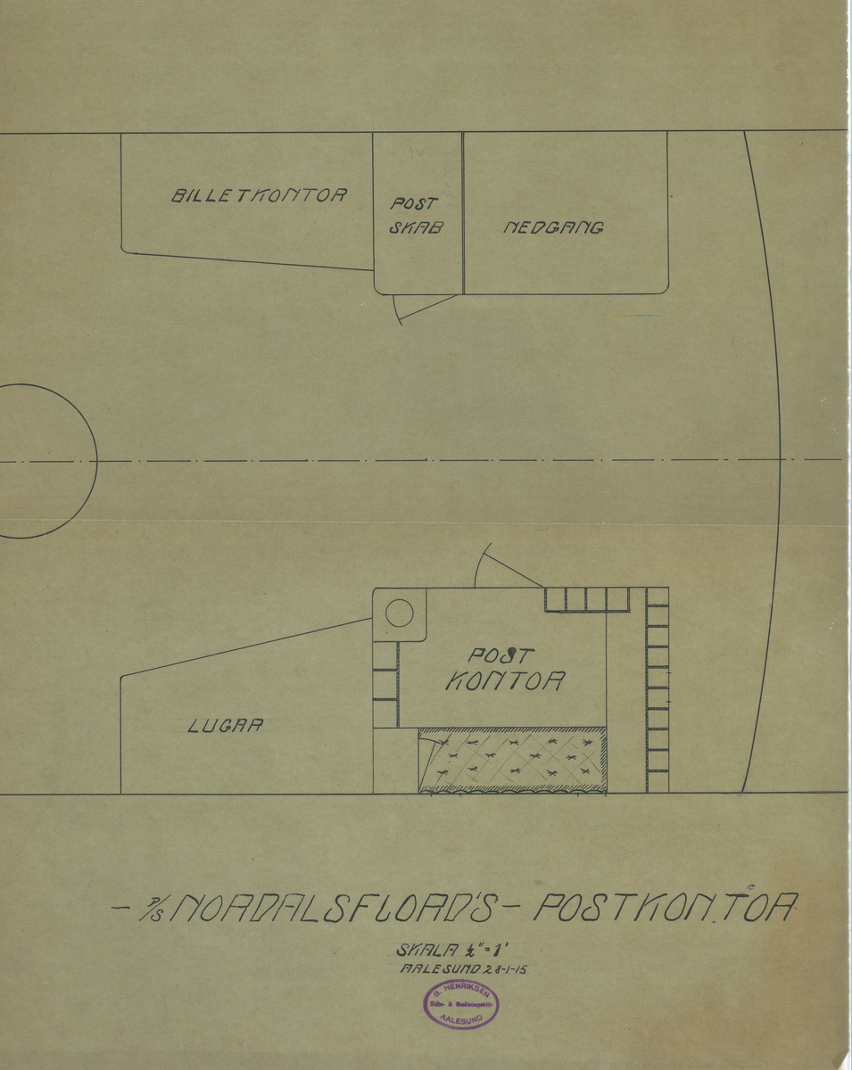 Tegning viser plan av postkontor på D/S Nordalsfjord. Påsatt stempel.