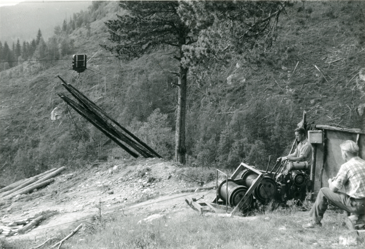 Tømmertransport med løypestreng.  I bratt terreng hadde skogeigarlaget ein form for løypestreng til utlån for å få ut tømmeret frå skogen.  Dette er transport frå ein hogst langs Juvsåa opp mot Lifjell.
