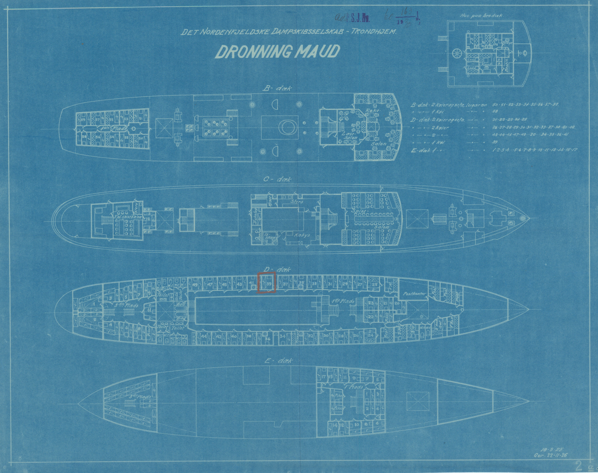 Tegningen viser dekksplaner for D/S Dronning Maud.