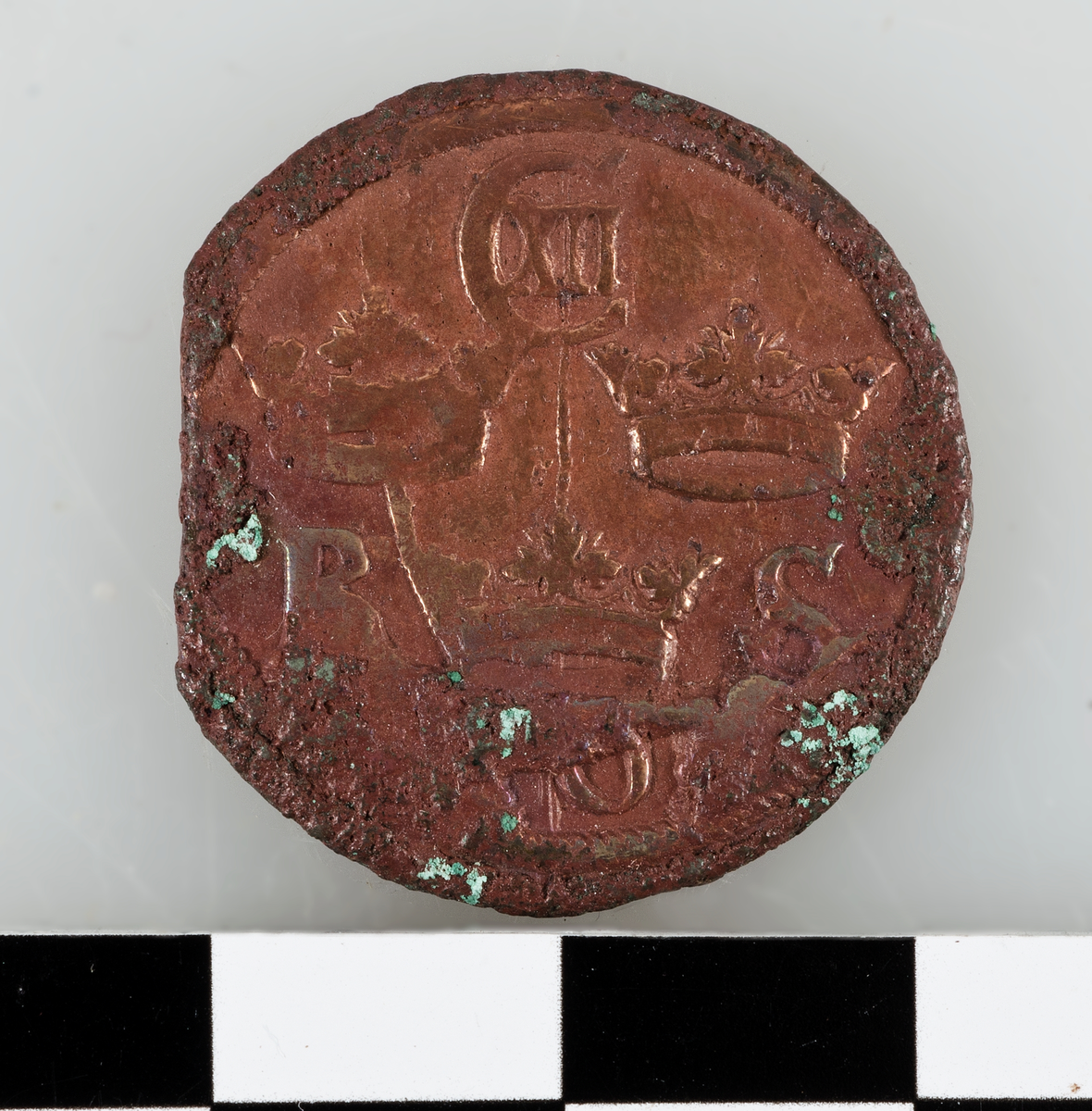 Mynt. 1/6 öre SM 1707-08 (Karl XII). Präglat i Avesta.