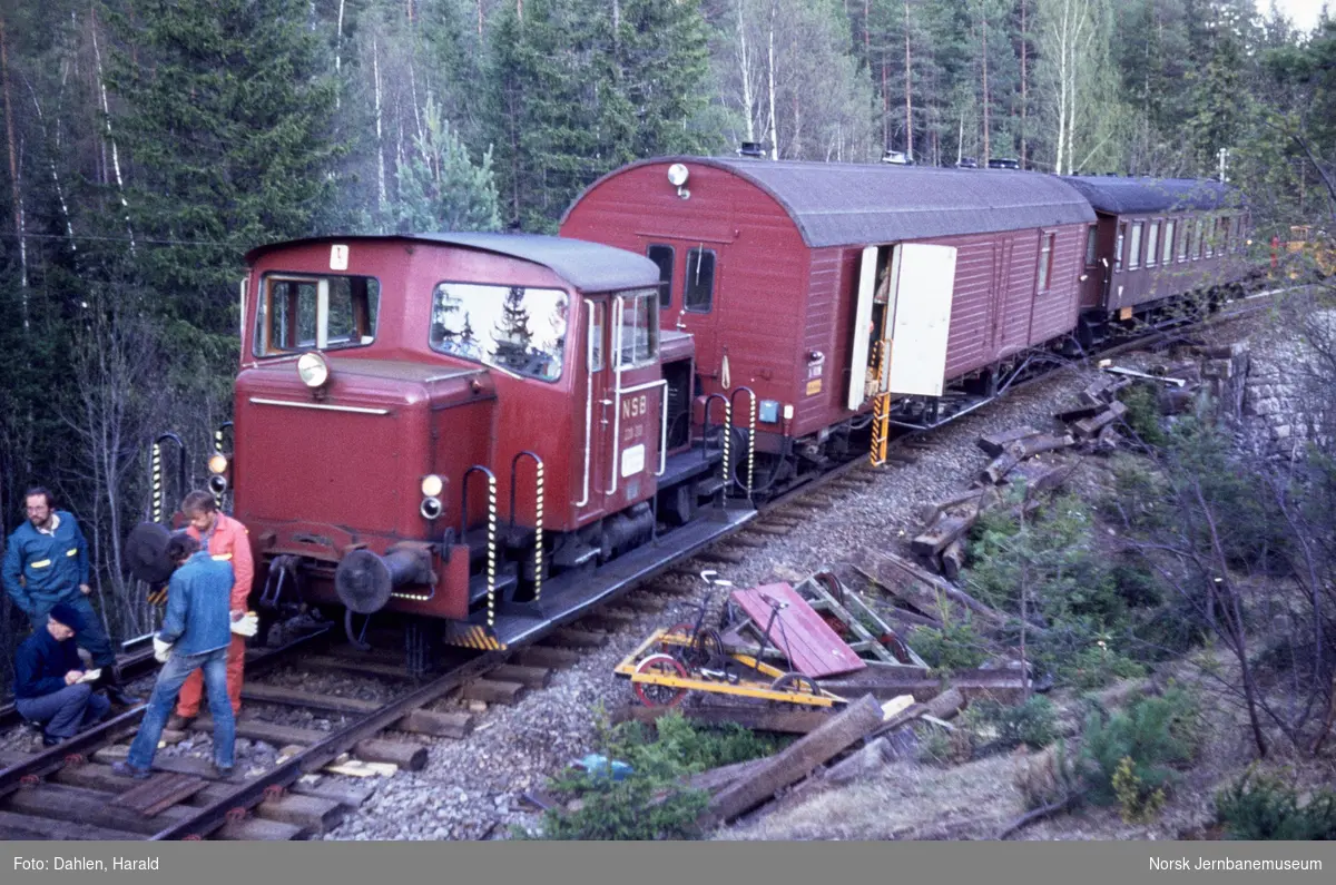 Skiftetraktor Skd 220 202 med redkskapsvogner for å berge dieselmotorvogn BM 91 07 som har sporet av mellom Flesberg og Rollag på Numedalsbanen