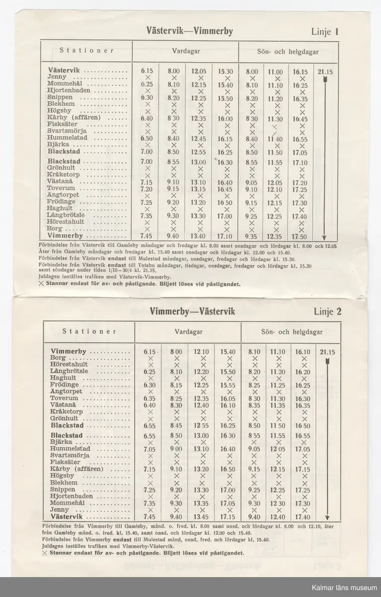 KLM 46738:11. Tidtabell, Busstidtabell. Tryckt busstidtabell av papper, med svart text. Tabell med destination, dagar, tider samt hållplater. Längst bak i häftet finns en karta över de olika linjerna. På det näst sista bladet och på baksidan finns reklam för två olika verksamheter i Västervik. 
Titel: Busstidtabell.