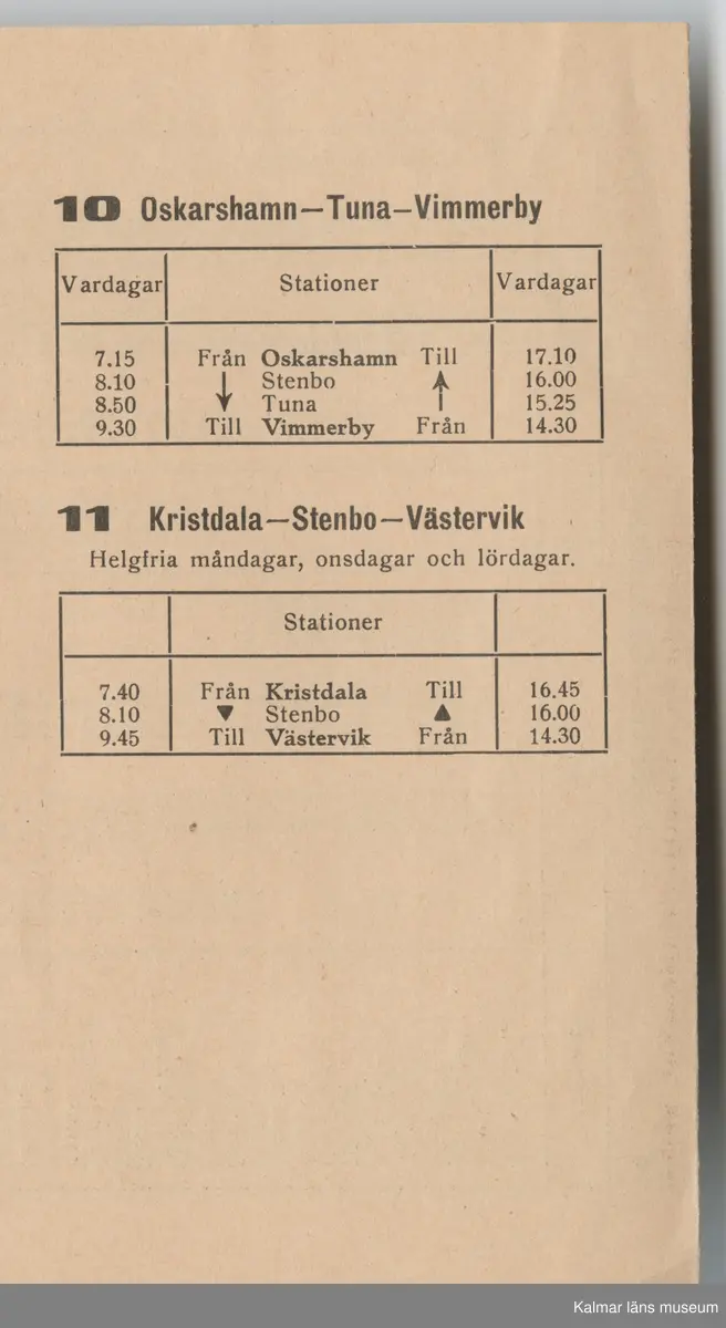 KLM 46738:9. Tidtabell, busstidtabell. Tryckt tidtabell av papper, utvikbar, med svart text. Tabeller med olika destinationer, dagar, tider samt hållplater. På baksidan finns en karta över alla linjer. Titel: BUSSTIDTABELL.