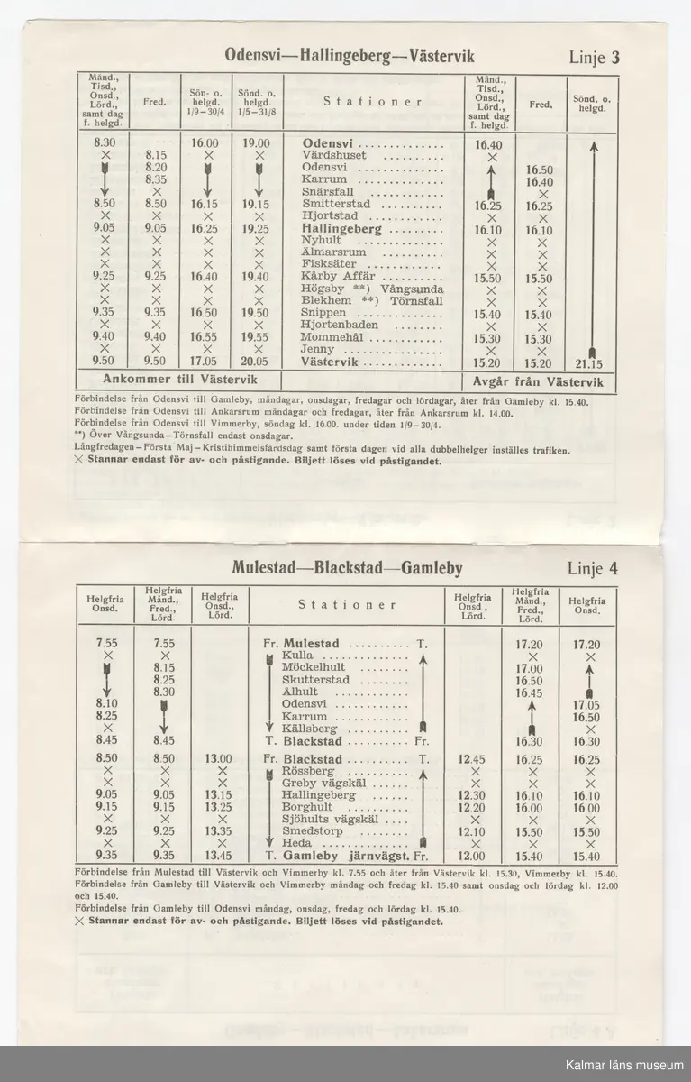 KLM 46738:11. Tidtabell, Busstidtabell. Tryckt busstidtabell av papper, med svart text. Tabell med destination, dagar, tider samt hållplater. Längst bak i häftet finns en karta över de olika linjerna. På det näst sista bladet och på baksidan finns reklam för två olika verksamheter i Västervik. 
Titel: Busstidtabell.