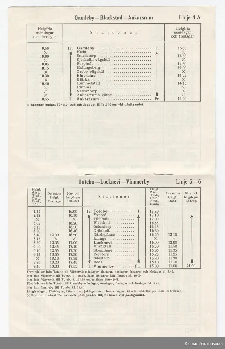 KLM 46738:11. Tidtabell, Busstidtabell. Tryckt busstidtabell av papper, med svart text. Tabell med destination, dagar, tider samt hållplater. Längst bak i häftet finns en karta över de olika linjerna. På det näst sista bladet och på baksidan finns reklam för två olika verksamheter i Västervik. 
Titel: Busstidtabell.