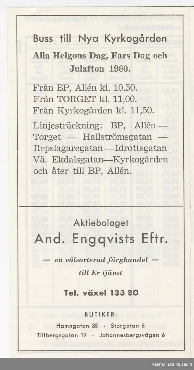 KLM 46738:14. Tidtabell, Turlista. Tryckt busstidtabell av papper, svart text på vitt papper. Häfte med flera sidor. Tabeller med destination, dagar, tider samt hållplater. I häftet finns också reklam för olika verksamheter i Västervik. Titel: VINTERTURLISTA för Västerviks busstrafik.