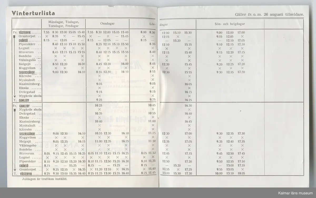 KLM 46738:16. Tidtabell, Turlista. Tryckt busstidtabell av vitt papper med svart text. Häfte med flera sidor. Tabeller med destination, dagar, tider samt hållplater. I häftet finns även reklam för olika verksamheter i Västervik. Titel: TURLISTA för Linje 4.