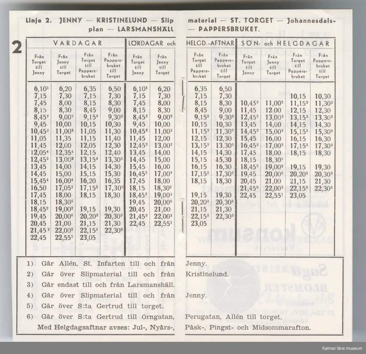 KLM 46738:14. Tidtabell, Turlista. Tryckt busstidtabell av papper, svart text på vitt papper. Häfte med flera sidor. Tabeller med destination, dagar, tider samt hållplater. I häftet finns också reklam för olika verksamheter i Västervik. Titel: VINTERTURLISTA för Västerviks busstrafik.