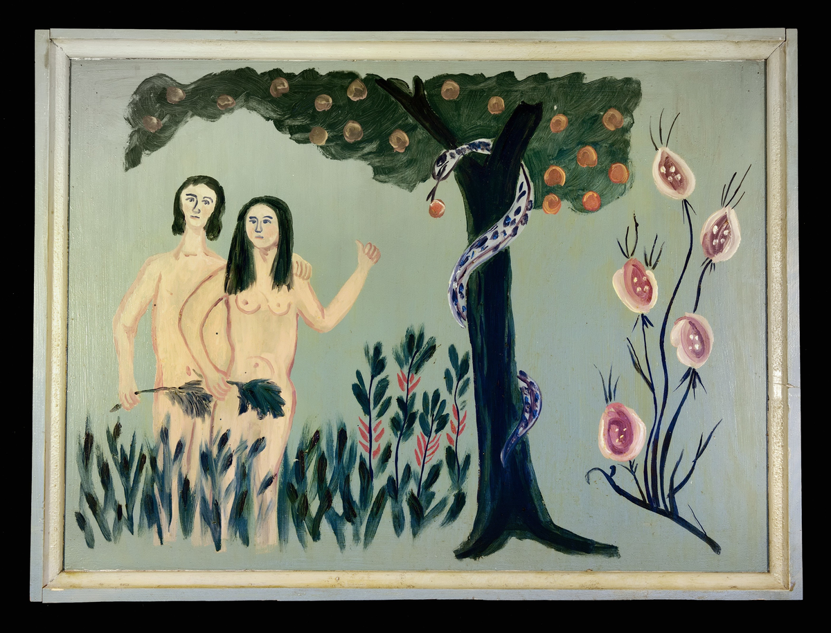 Tre ulike motiv: Adam, Eva og slangen i paradis ; ryttar til hest ; spelemann og ein kunstnar som måler roser. Tydeleg inspirert av folkekunst.  