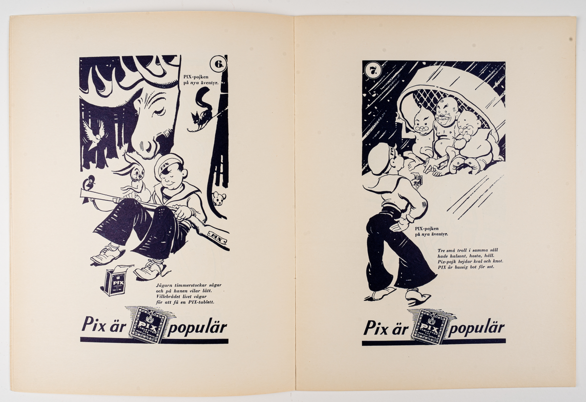 Målarbok för barn, "PIX-POJKEN PÅ NYA ÄVENTYR". Innehåller svartvita bilder att färglägga.