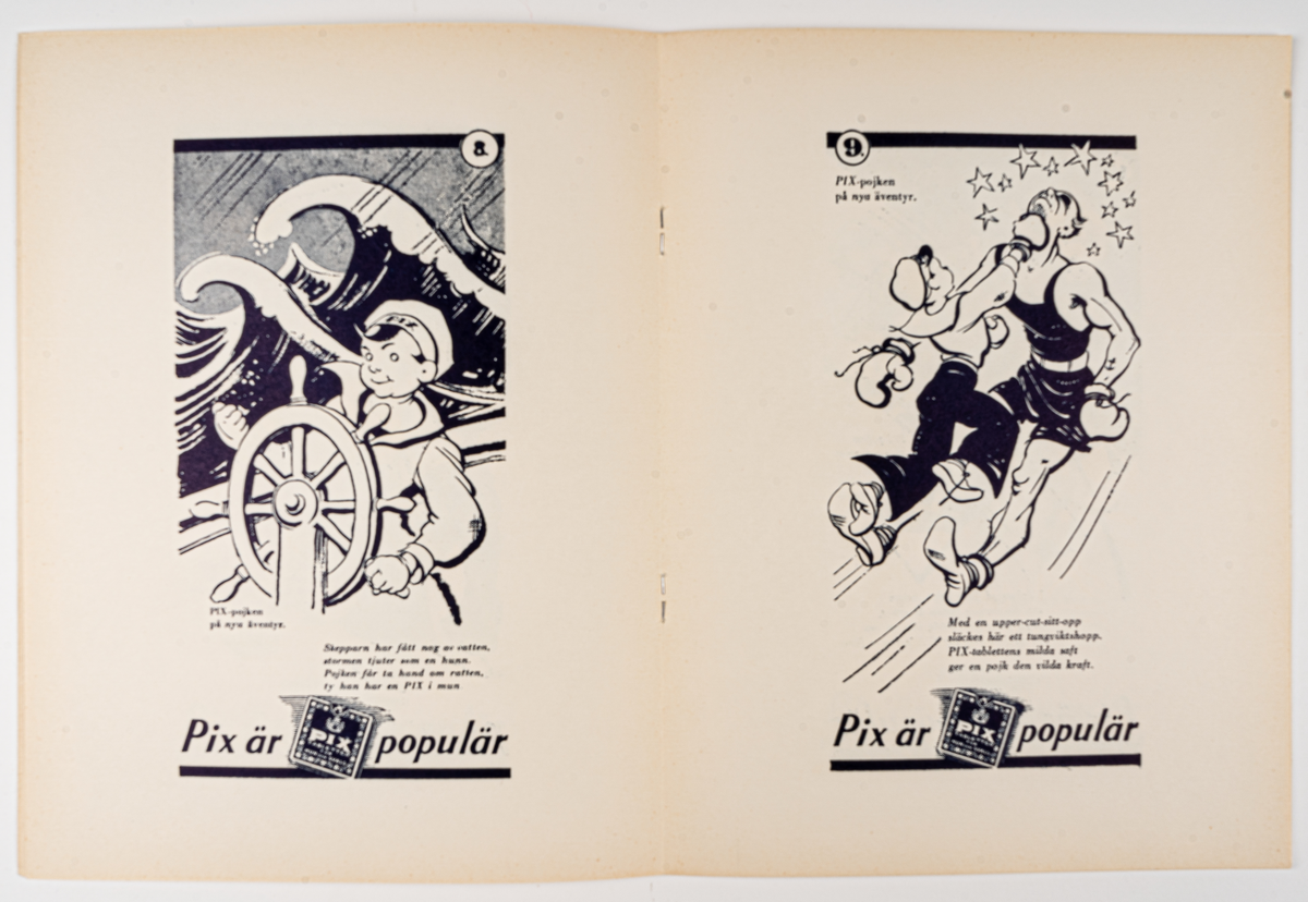 Målarbok för barn, "PIX-POJKEN PÅ NYA ÄVENTYR". Innehåller svartvita bilder att färglägga.