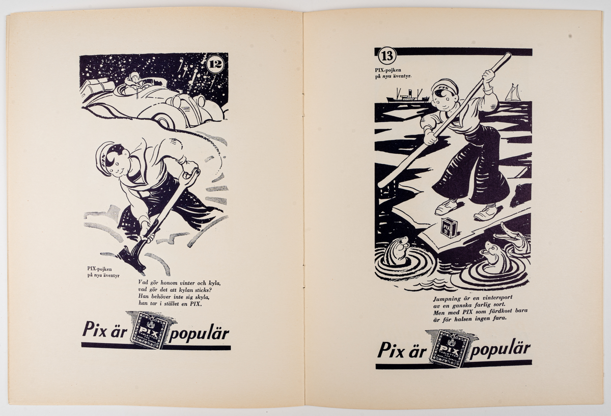 Målarbok för barn, "PIX-POJKEN PÅ NYA ÄVENTYR". Innehåller svartvita bilder att färglägga.