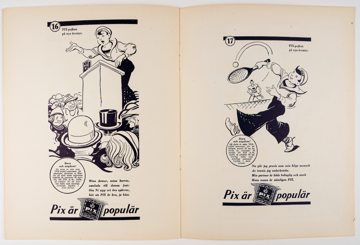 Målarbok för barn, "PIX-POJKEN PÅ NYA ÄVENTYR". Innehåller svartvita bilder att färglägga.