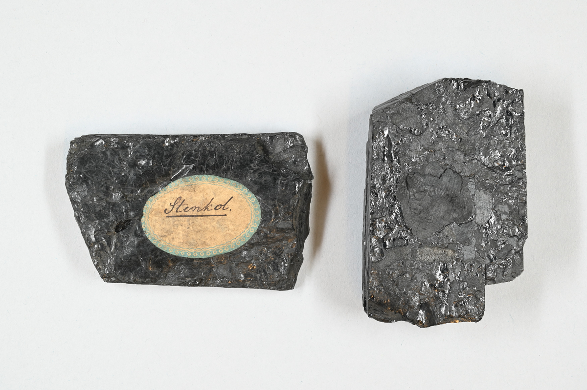 Två prover av stenkol, svarta. Ett av proven märkt med påklistrad lapp: "Stenkol.". Tillhörande lapp med notering: "Stenkolsbit som givet:, eller i fulltorrt och askfritt kol (?), C.O. Norelius (?), 1885".