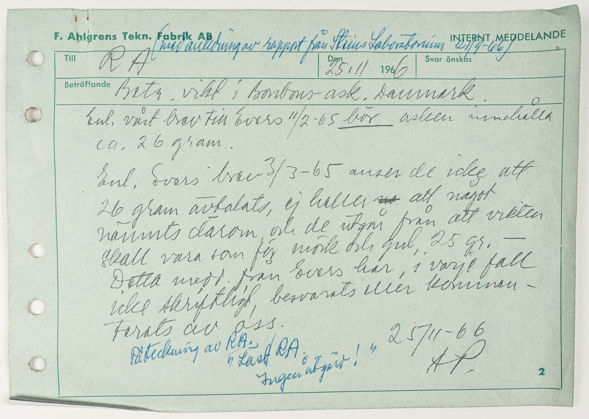 Ask, med provresultat av olika Läkerol- och Bonbonaskar, över de olika vikterna per ask. Intygspapper från Steins analytisk-kemiske laboratorium i Köpenhamn, Danmark, daterat 1966.