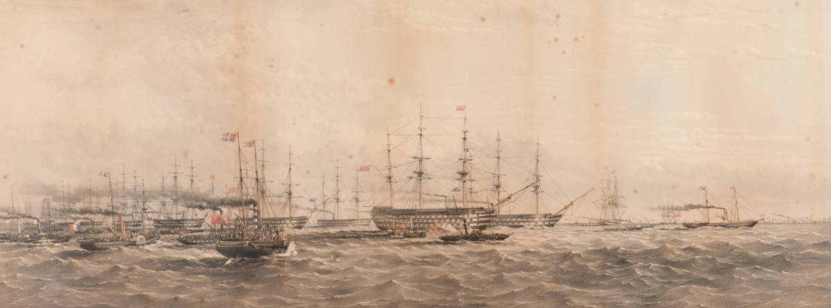 En av de årliga engelska flottparaderns vid Spithead. "The Naval review at Spithead. Her Majesty the Queen leading the Fleet to sea?  Published 8 okt 1853 " by Ackermann & Co, London.

Ram: Förgylld