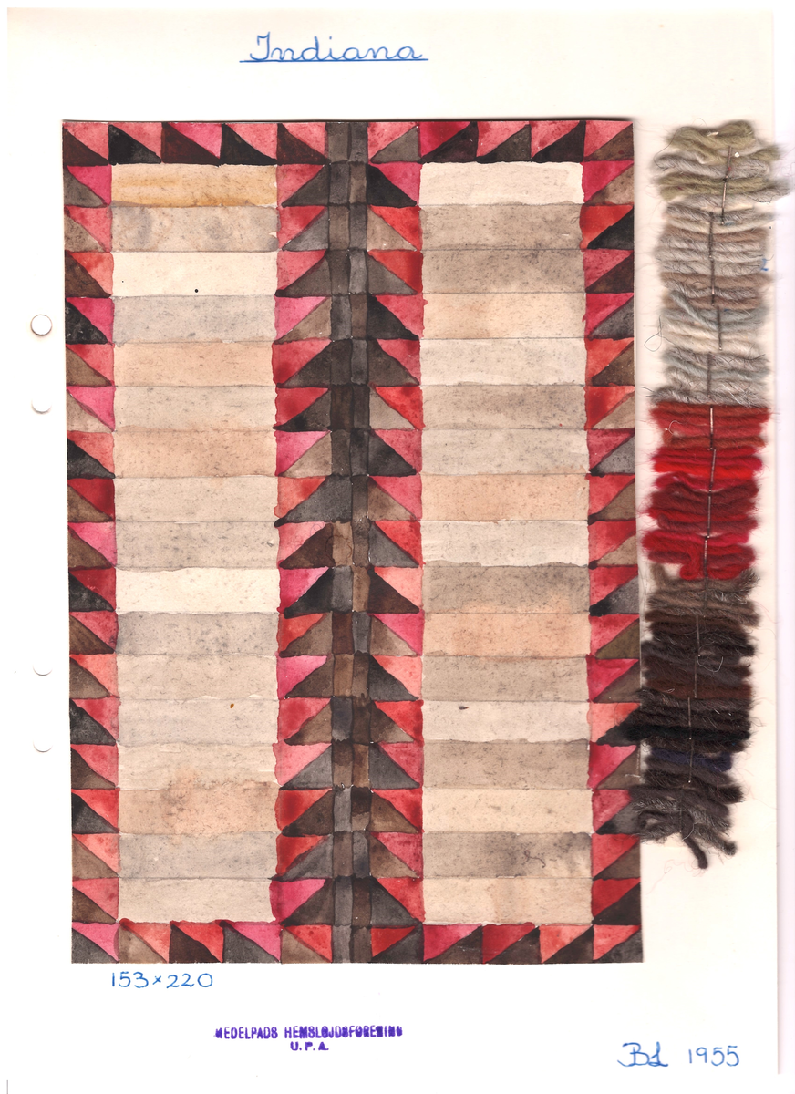 Färgskiss och garnprover i röda, bruna, svarta och grå nyanser till röllakansmatta i storlek 153 x 220 cm