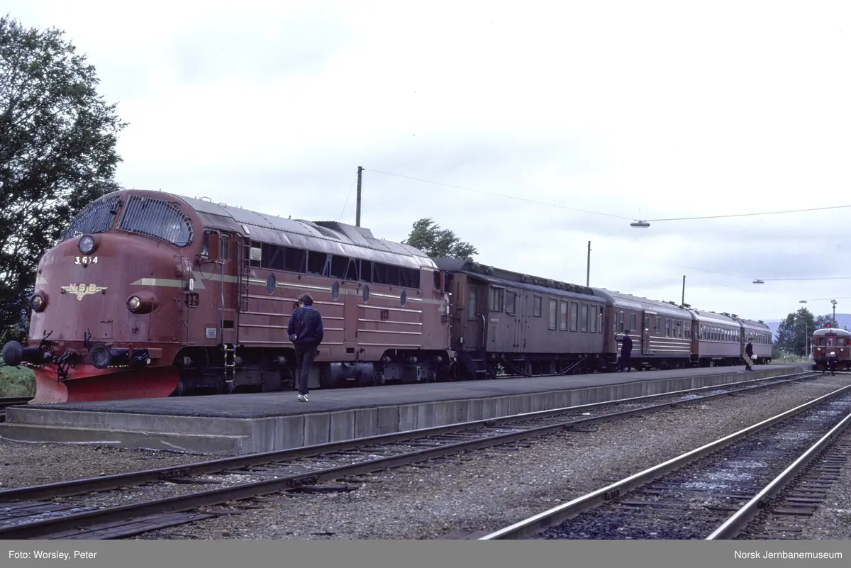 Diesellokomotiv Di 3 614 med persontog fra Storlien (Stockholm) til Trondheim på Hell stasjon