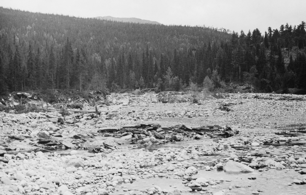 Fra Eldåosdet – Eldåas utløp i elva Imsa i Stor-Elvdal kommune i Hedmark. Dette fotografiet er tatt høsten 1935, cirka ett år etter at cirka ett år etter at en storflom hadde forårsaket store ødeleggelser i den nedre delen av dette vassdraget. Et kraftig høstregn utløste ras i ei sandmæl ved sideelva Eldåa. Rasmassene sperret i første omgang åløpet, men da trykket fra vannmassene ble stort nok brast denne dammen. Vannmassene skylte med seg jord, stein og trær og gjorde stor skade på de forbygningene som skulle lette fløtinga. På det stedet der dette fotografiet er tatt hadde det vært lange «skådammer» - skjermer langs elvebreddene som skulle forebygge at fløtingstømmeret drev til skogs i under høy vannføring – som ble ødelagt av flomvannet. Etterpå samlet Christiania Tømmerdirektions fløtingsinspektør sentrale aktører i den lokale fløtingsforeningen for å diskutere hvilke tiltak som måtte til for å gjøre den nedre delen av dette vassdraget fløtbart igjen. Da dette fotografiet ble tatt var elvelandskapet fortsatt tydelig preget av den omfattende erosjonen flommen hadde utløst.