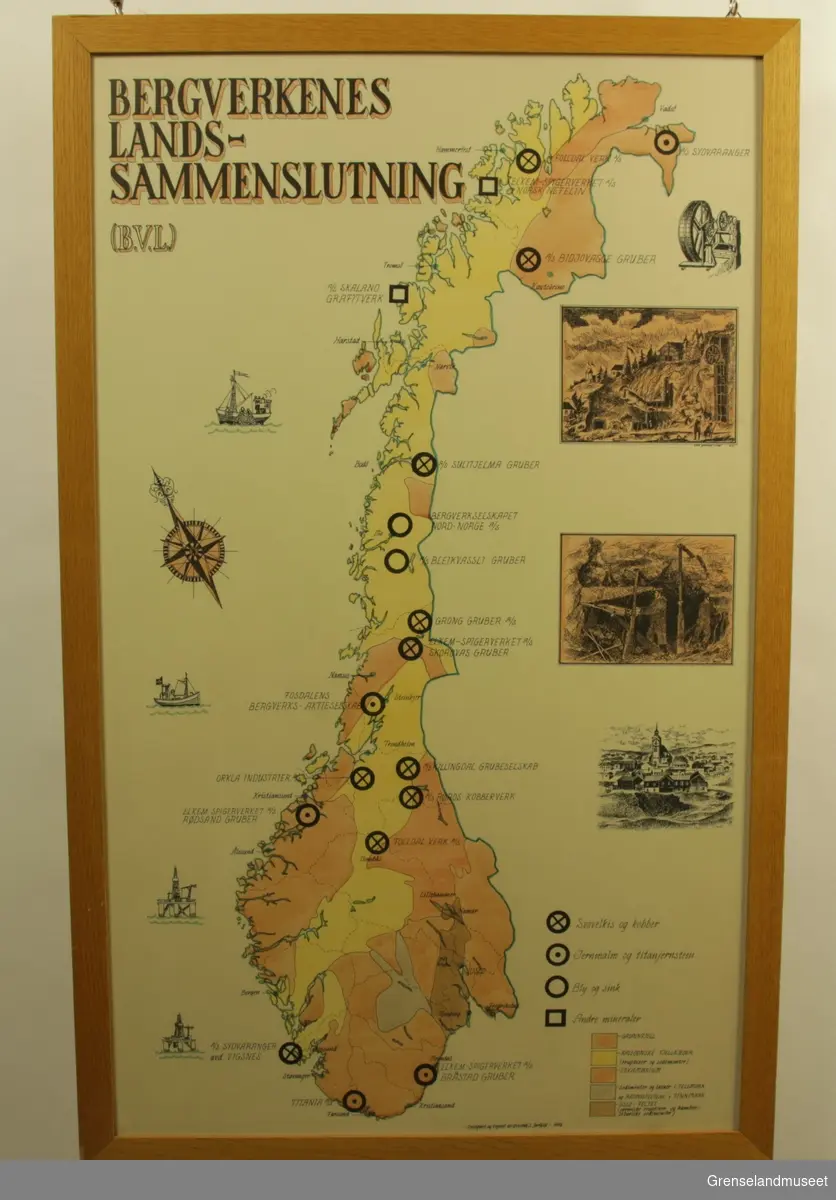 Gjenstanden er et innrammet kart av Bergverkenes Landssammenslutning fra 1976, designet av Øivind S. Jorfald. Kartet viser Norge delt opp i ulike soner hvor ulike bergverksbedrifter hadde virke i 1976. Kartet er oppdelt i fem farge soner: oransje for "grunnfjell", gul for "kaldedonske fjellkjeder", mørkeoransje for "Eoxambrium", grå for "sedimenter og laver i Telemark og Raipassteltene i Finnmark", og brun for "Oslofeltet". Gjenstandens bilderamme er av tre og har et beskyttende glass. 

Gjenstandens tilstand regnes som god, men viser tegn til guling og dannelse av merker i papiret, også kjent som "foxing".   