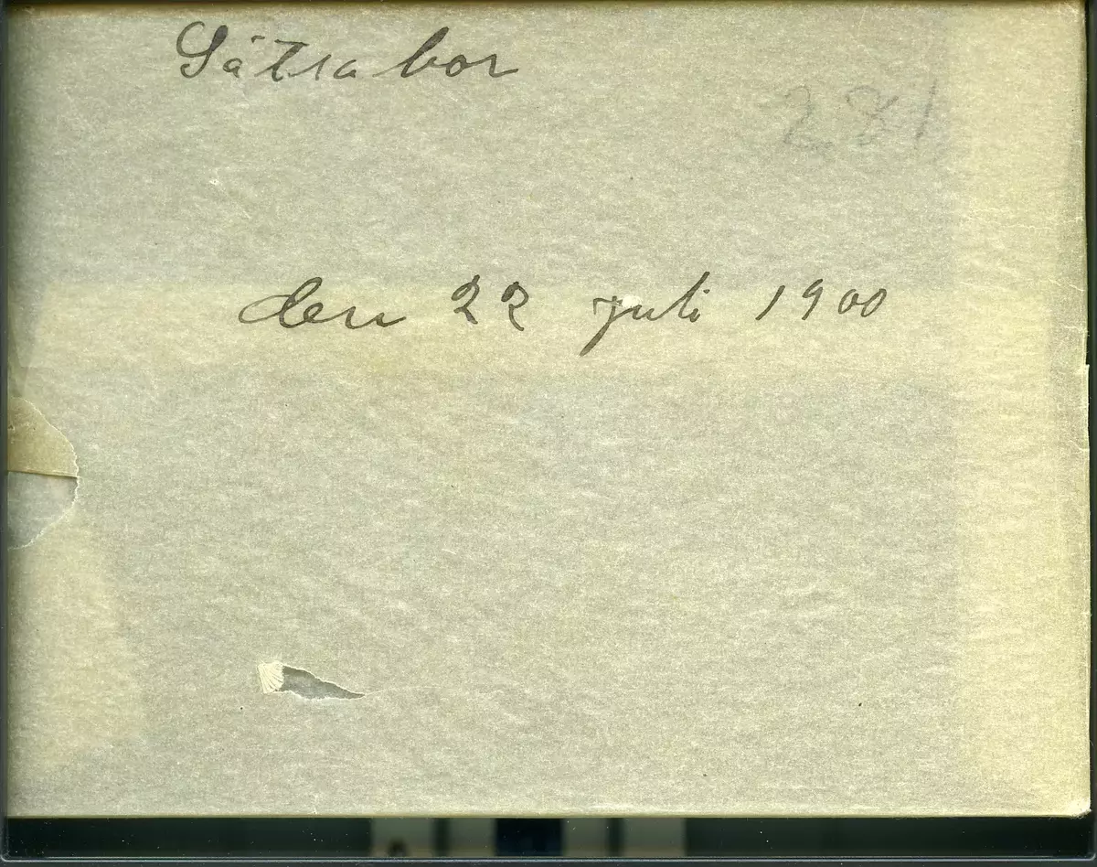 "Sätrabor den 22 juli 1900". Bilden är troligtvis tagen av Axel Pehrson som var sommargäst i Sjöstugan, Sätra äng, Danderyd någon gång runt 1900.