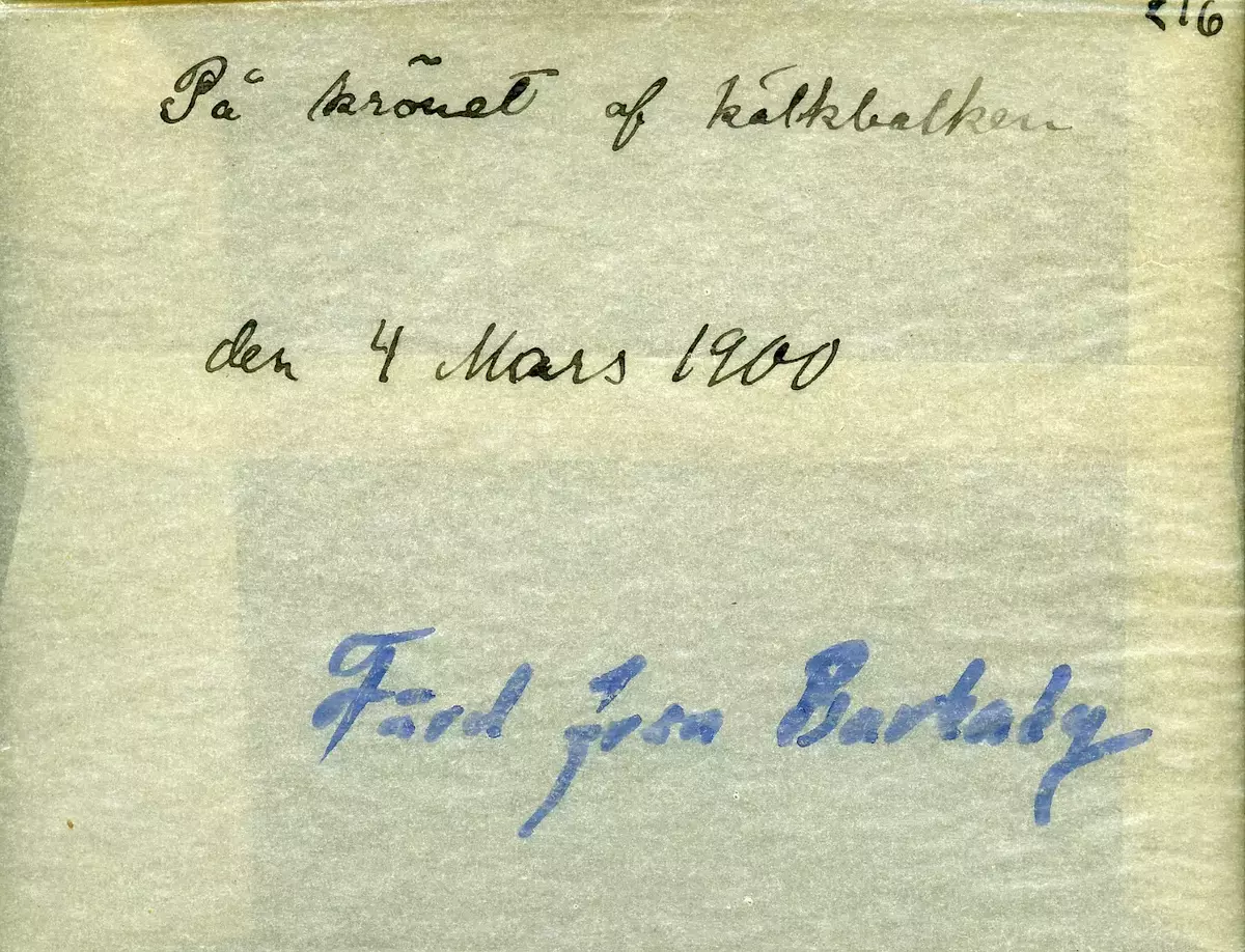 "På krönet afkälkbacken. Den 4 mars 1900. Färd från Barkaby."
Fotot troligen taget av Axel Pehrson, sommargäst vid Sjöstugan, Sätra äng, Danderyd.