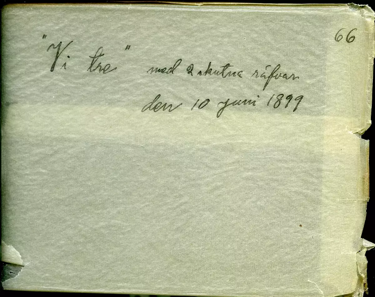 "Vi tre" med 2 skutna räfvar den 10 juni 1899."
Fotot troligen taget av Axel Pehrson, sommargäst vid Sjöstugan, Sätra äng, Danderyd.