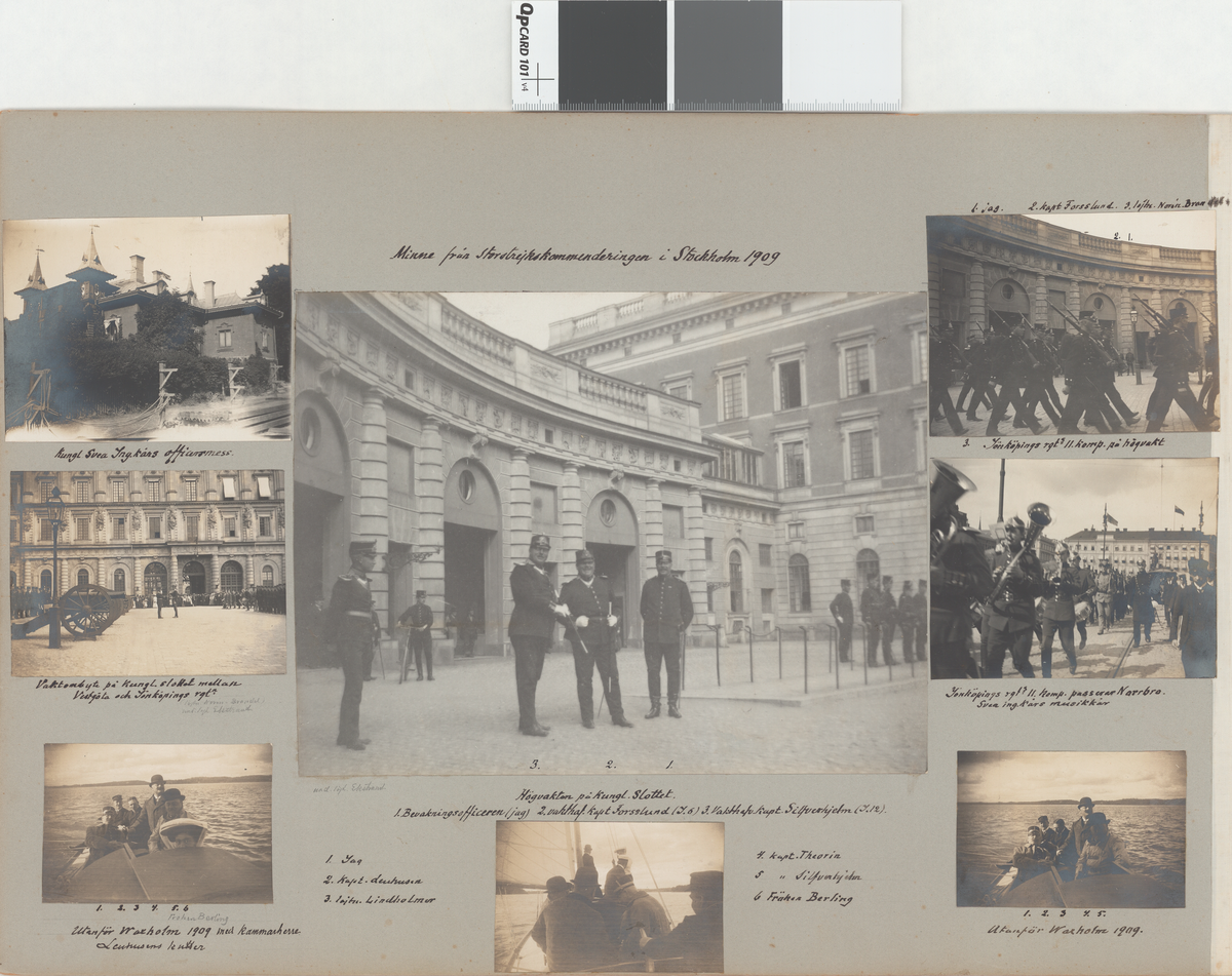 Text i fotoalbum: "Minnen från Storstrejkskommenderingen i Stockholm 1909. Jönköpings rgt:s II. komp. passerar Norrbro. Svea ing.kårs musikkår."