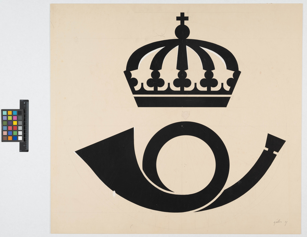 Brevlåda för Kungliga Postverket. 
Ritning av logotyp.