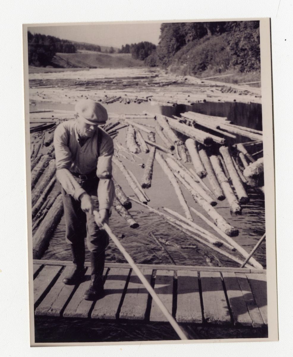 Fra Goberg lense i Falkumelva. Rett ned for Århus 

Bilde 1: Ingar Bøe stikker på tømmer, ca. 1942-43

Bilde 2: Vi ser "rom" eller "skillinger" der tømmeret ble sortert etter ved, sulfat, gran, furu, slip og skurd. 3 mann stikker på tømmeret. Fra venstre: Ivar Kittilsen, Halvor Ambrosen, Bertrand Andersen (bodde ved lensa). 

Flåtene mellom "rommene" kalles vandringen. De korte stokkene i forgrunnen er skilt til ved. 

Bilde 3: Ivar Kittilsen står med hake og sorterer.

Bilde 4: Fra soppeapparatet ved Goberg lense. Karl Flittig står og tar imot tømmeret. Tømmeret går over apparatet og detter ned i mosa. Det sto 2-3 mann der og tok imot etter hvor hardt de kjørte

Bilde 5: Moseapparatet ved Goberg lense. Karl Flittig og Fridtjof Bolstad tar imot. Tømmeret samles mellom 2 lemmer og det slås vaier omkring., 

Bilde 6: Fra moseapparatet. Til venstre Gustav Gulliksen. Til høyre Ingar Bøe. Det var hardt å stå der og stikke på. De måtte passe på så det ikke gikk for fort opp så de som sto bak rakk å ta imot

Bilde 7: Spisebrakka ved Goberg lense. Flåtelaget til Løvenskiold Fossum foran. Fra venstre: Olaf Dahl, (bak) Trygve Holmbakken, Olav Langangen, ukjent, Ingvald Fjelldalen, Karl Foss. 

Bildet tatt litt før 1950., 

Bilde 8: Flåtelaget ved Goberg lense ca. 1925. Stående fra venstre: Magnus Kittilsen (far av Olav Kittilsen, som eier bildene), Ole Haugerød, Peder Bø, ukjent Frisk, Gustav Kittilsen, Anders Hyni, Karl Sørensen, Nils Kittilsen, Hans Aas. 

Sittende: Andreas Espedalen, Johannes Slettemo, Sveinung Thomassen, Halvor Ambrosen og Otto Sigurdsen.