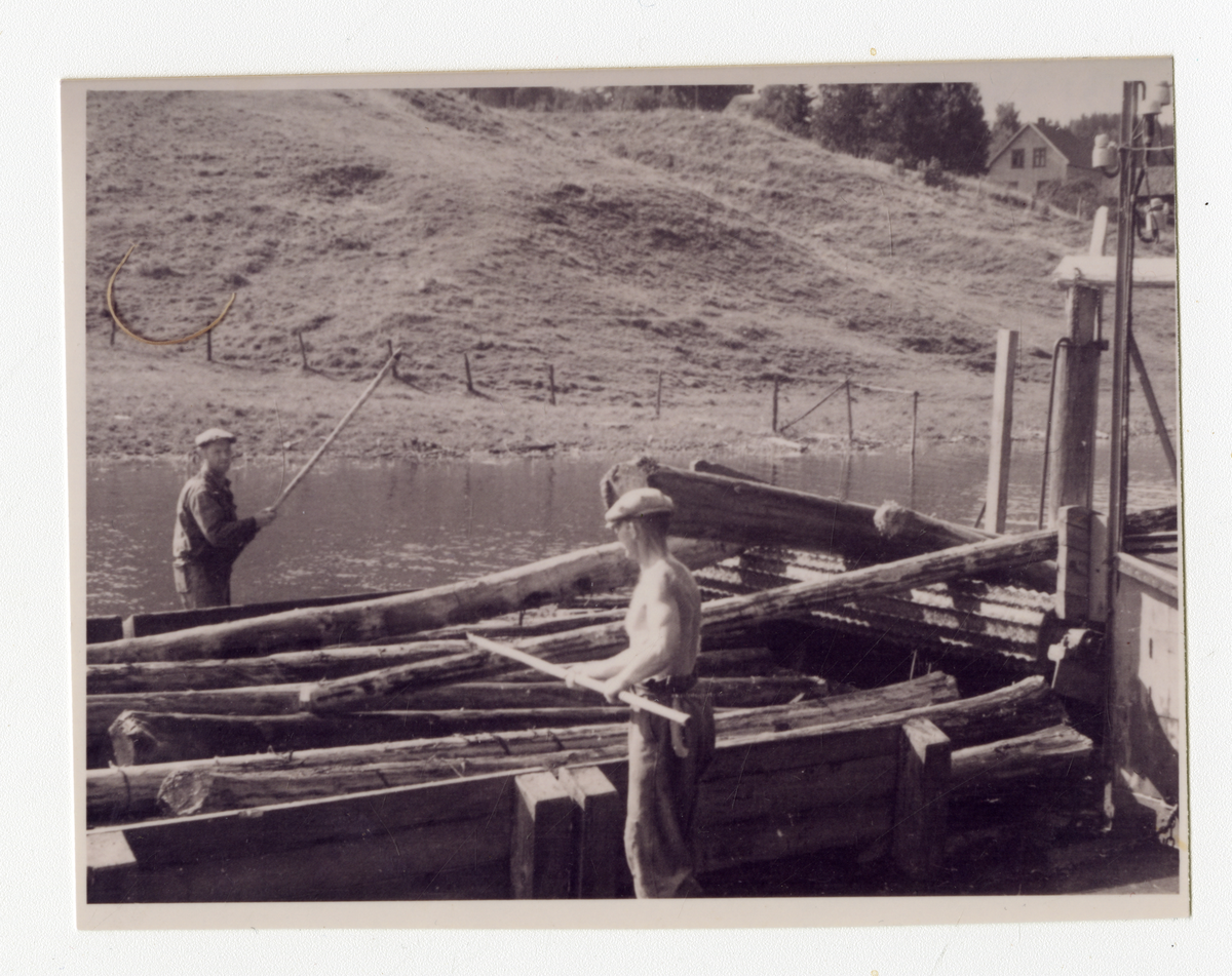 Fra Goberg lense i Falkumelva. Rett ned for Århus 

Bilde 1: Ingar Bøe stikker på tømmer, ca. 1942-43

Bilde 2: Vi ser "rom" eller "skillinger" der tømmeret ble sortert etter ved, sulfat, gran, furu, slip og skurd. 3 mann stikker på tømmeret. Fra venstre: Ivar Kittilsen, Halvor Ambrosen, Bertrand Andersen (bodde ved lensa). 

Flåtene mellom "rommene" kalles vandringen. De korte stokkene i forgrunnen er skilt til ved. 

Bilde 3: Ivar Kittilsen står med hake og sorterer.

Bilde 4: Fra soppeapparatet ved Goberg lense. Karl Flittig står og tar imot tømmeret. Tømmeret går over apparatet og detter ned i mosa. Det sto 2-3 mann der og tok imot etter hvor hardt de kjørte

Bilde 5: Moseapparatet ved Goberg lense. Karl Flittig og Fridtjof Bolstad tar imot. Tømmeret samles mellom 2 lemmer og det slås vaier omkring., 

Bilde 6: Fra moseapparatet. Til venstre Gustav Gulliksen. Til høyre Ingar Bøe. Det var hardt å stå der og stikke på. De måtte passe på så det ikke gikk for fort opp så de som sto bak rakk å ta imot

Bilde 7: Spisebrakka ved Goberg lense. Flåtelaget til Løvenskiold Fossum foran. Fra venstre: Olaf Dahl, (bak) Trygve Holmbakken, Olav Langangen, ukjent, Ingvald Fjelldalen, Karl Foss. 

Bildet tatt litt før 1950., 

Bilde 8: Flåtelaget ved Goberg lense ca. 1925. Stående fra venstre: Magnus Kittilsen (far av Olav Kittilsen, som eier bildene), Ole Haugerød, Peder Bø, ukjent Frisk, Gustav Kittilsen, Anders Hyni, Karl Sørensen, Nils Kittilsen, Hans Aas. 

Sittende: Andreas Espedalen, Johannes Slettemo, Sveinung Thomassen, Halvor Ambrosen og Otto Sigurdsen.