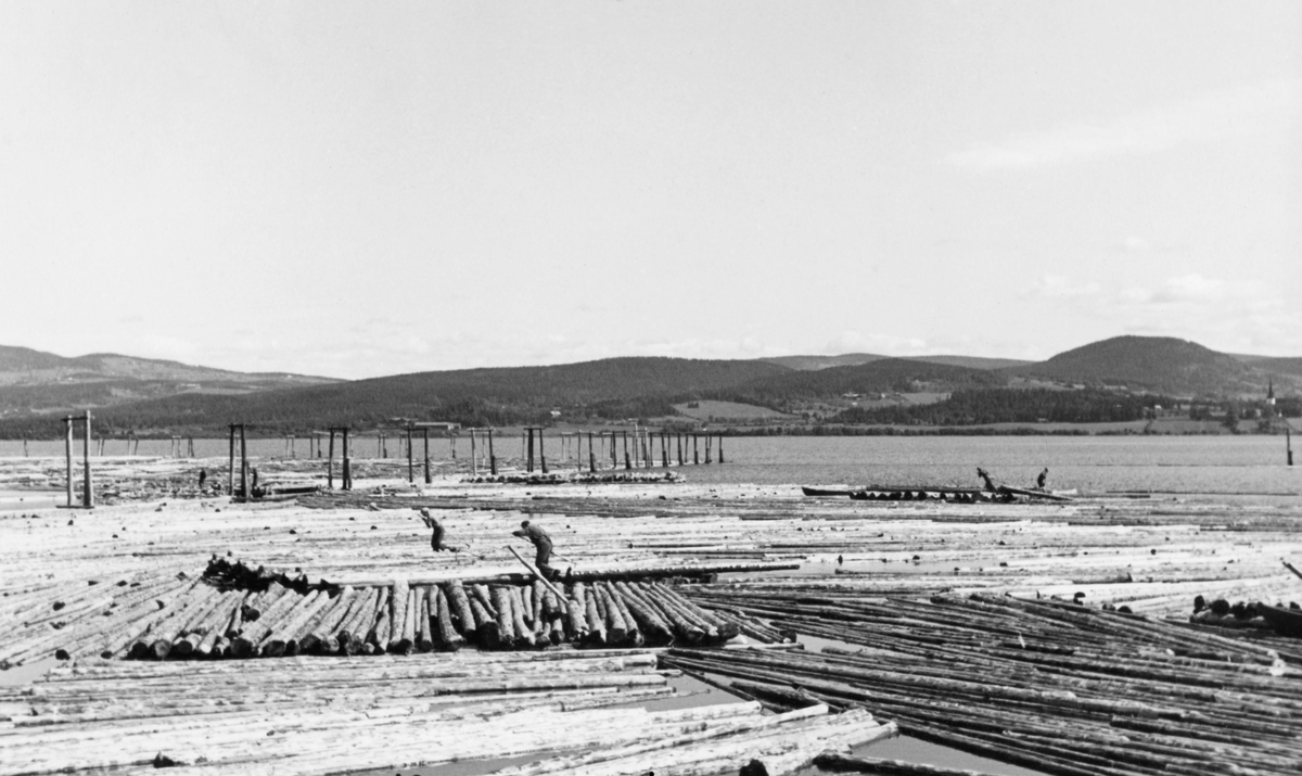 Fra Stokke lense Stokkeelvas utløp i Mjøsa.  Her ble tømmer fra Snertingdalen og Redalen samlet og ordnet i bommer, slik at det kunne slepes over innsjøen mot Minnesund, i sørenden, der det ble sluppet og fløtt videre nedover Vorma og Glomma.  I forgrunnen ser vi to fløtere som løper på tømmerstokker, som ligger tett og parallelt i det innlensete området.  Til venstre ser vi pælerekker som markerer lensas ytterkanter.  I bakgrunnen ser vi over mot Ringsaklandet på østsida av Mjøsa, med Ringsaker kirke til høyre og området rundt tettstedet Moelv ganske sentralt i bildeflata. I 1942 ble det innmeldt 123 518 tømmerstokker til fløting i Stokkeelva. 47 810 av disse stokkene skulle til bruk ved Mjøsa og i Eidsvoll kommne, og måtte følgelig sorteres etter kjøpermerker ved Stokke lense.