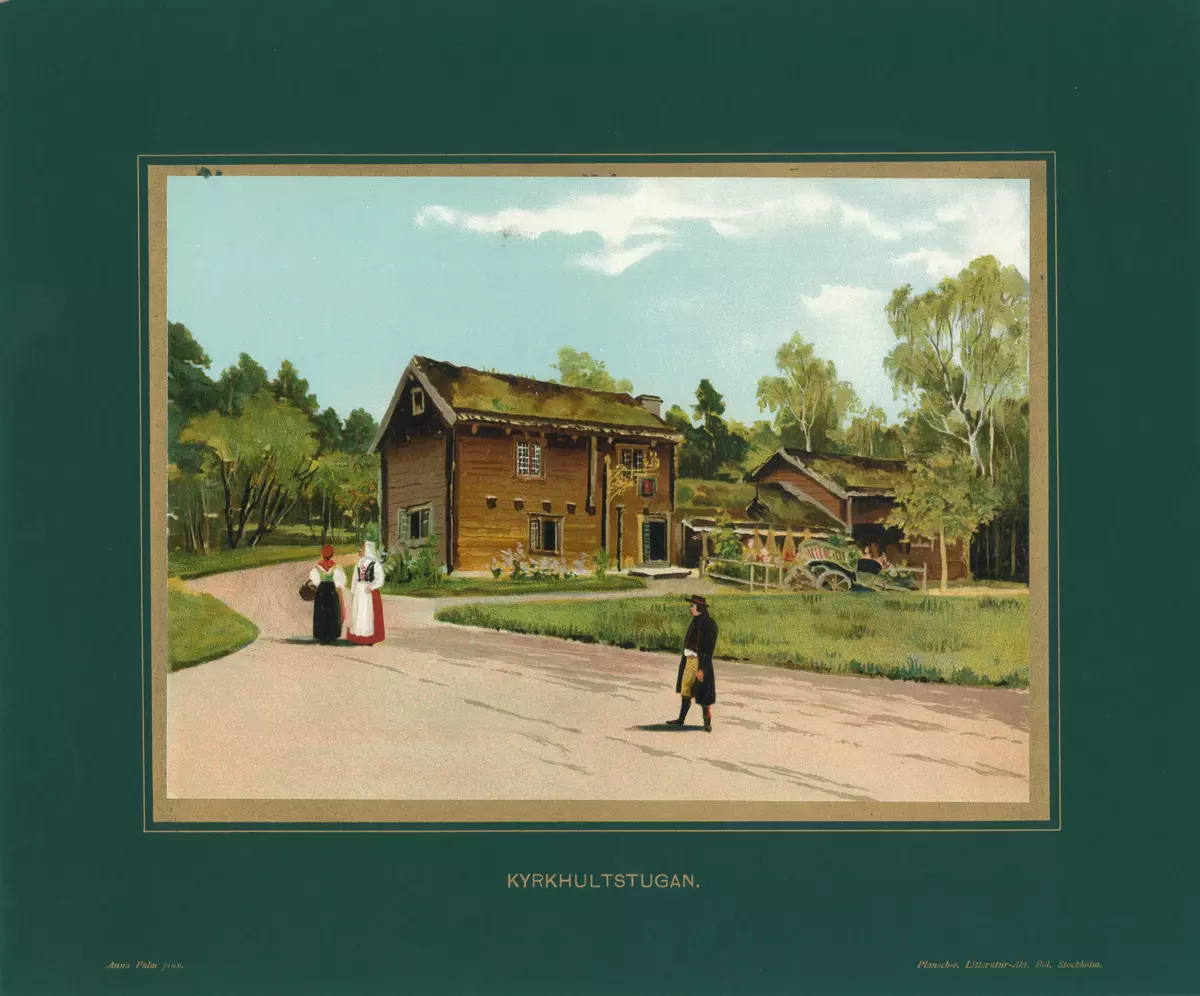 1. Vargar på Skansen. 2. Kyrkhultstugan. 3. Interiör Kyrkhultstugan 4. Interiör Morastugan. 5. Interiör Bollnässtugan. 6. Fäbodvallen. 7. Köksskålen. 8. Kolarkoja från Småland. 9. Bollnässtugan. 10. Samisk kåta. 11. Håsjöstapeln. 12. Bredablick.