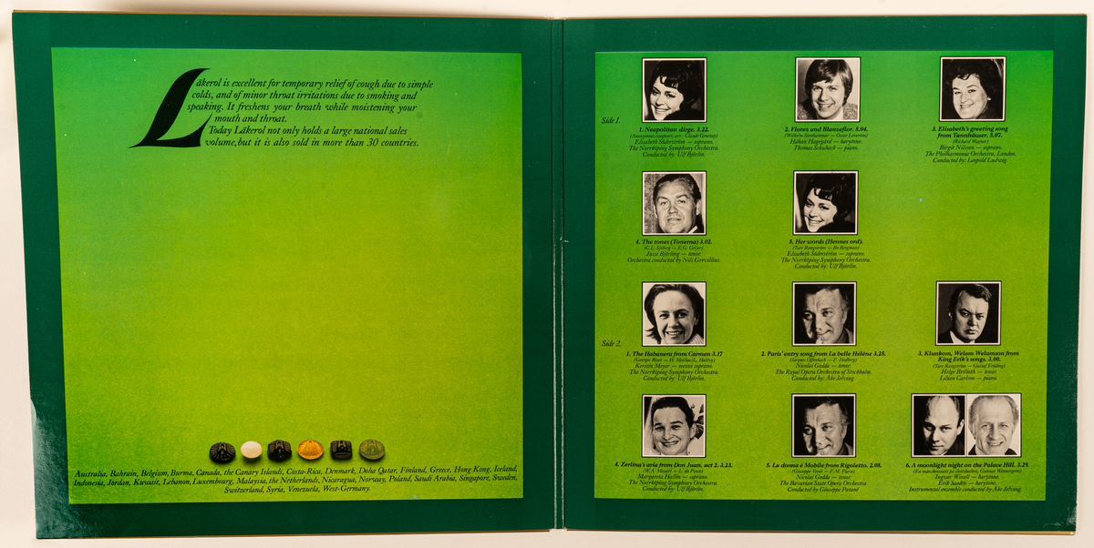 Vinylskiva i fodral, guldfärgat med vit text "The Voice of Sweden". Artister på LP-skivan: Elisabeth, Birgit Nilsson, Håkan Hagegård, Jussi Björling, Kerstin Meyer, Nicolai Gedda, Helge Brilioth, Margareta Hallin, Ingvar Wixell och Erik Seadén.